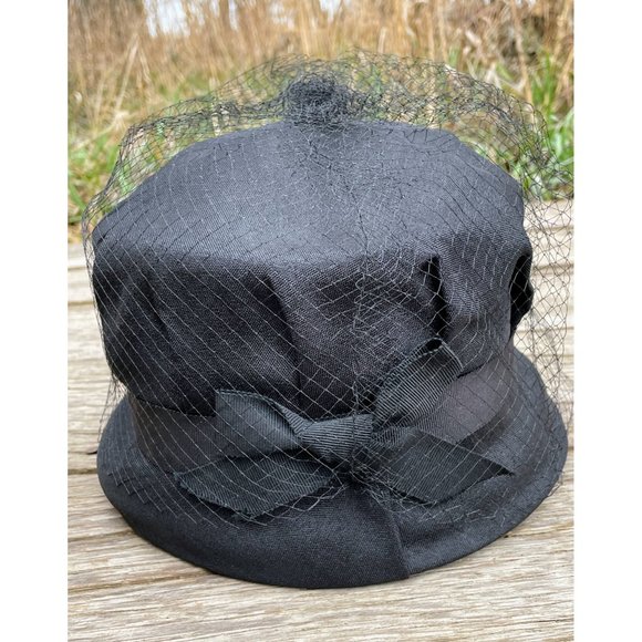 Vintage Womens 1940s Black Bucket Bow Netting Gothic - Picture 5 of 13